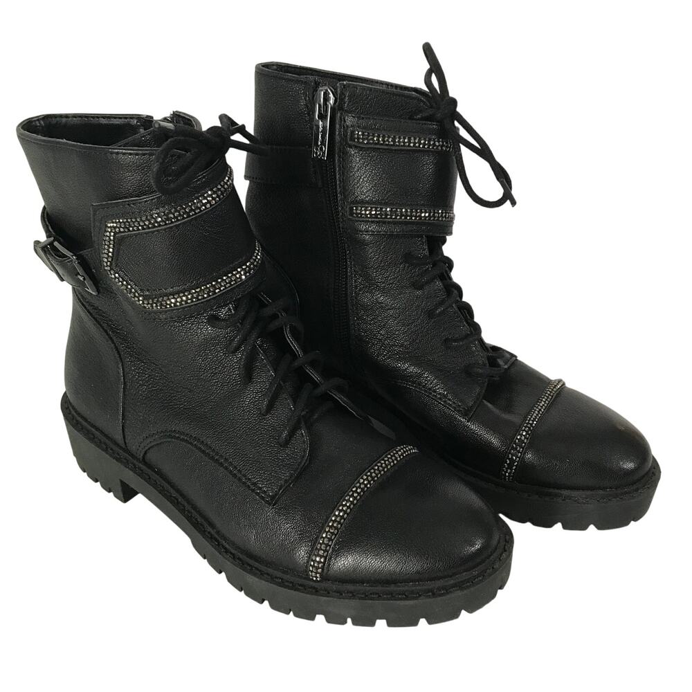 Jessica Simpson Boots Size 7M Women Combat Black Lug Sole Silver Metallic Detail